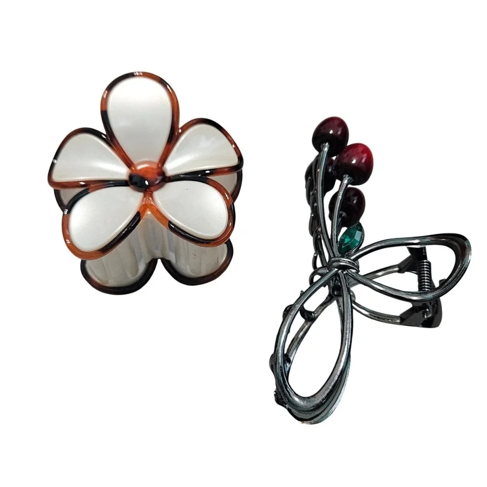 Set of 2 Hair Clips White Tortoise Flower and Silver Cherry Bow Hair Holders
